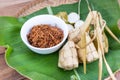 Ketupat, lemang, served with serunding, popular Malay delicacies during Hari Raya celebration