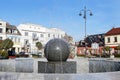 KETY, POLAND - OCTOBER 26, 2019: Modern fountain whit sphere elements in city center