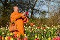 Keukenhof, Holland - APRIL 18, 2015: Shaolin monk photographed