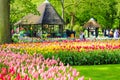 Keukenhof, Lisse, Netherlands - Apr 28th 2019: Beautiful spring gardens with colorful tulips and tourists walking through