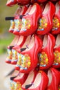 Keukenhof Lisse, The Netherlands - 21 March , 2019: Traditional Holland wooden clogs for sale at a Dutch shop in the Garden of Royalty Free Stock Photo