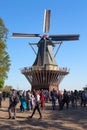 Keukenhof, The Netherlands - May, 2018: Blooming colorful tulips flowerbed in public flower garden Keukenhof with windmill. Royalty Free Stock Photo