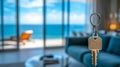 Key on background of apartment or hotel room overlooking the sea. Terrace with panoramic sea views. Luxury vacation Royalty Free Stock Photo