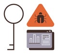 Key, Bug Warning Sign, and Data Analytics Panel Representing Cybersecurity and System Vulnerabilities Royalty Free Stock Photo