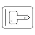 Key card thin line icon. Plastic magnetic access item for opening room door symbol, outline style pictogram on white Royalty Free Stock Photo