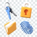 Key chain, lock, file folder, fingerprint. Set of isolated vector objects for cybersecurity concepts Royalty Free Stock Photo
