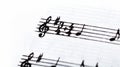 Key, double time signature symbol and violin clef. Musical notation macro, closeup. Single line sheet music detail example