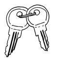 Key drawing in a trendy Doodle style design with a black line outline. Vector graphic illustration of two keys on a metal ring top Royalty Free Stock Photo