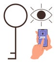 Key, eye, and smartphone lock with hand touch for access or security concept Royalty Free Stock Photo