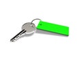 Key with green fob on white background. 3D rendering. Royalty Free Stock Photo