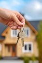 key in hands against the background of houses. Selective focus.