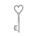 Key with heart ornament from the secret chamber heart in black isolated on white background. Hand drawn vector sketch illustration