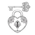 Key and heart shaped padlock in vintage style coloring book page for kids and adults hand drawn line art print or tattoo Royalty Free Stock Photo