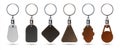 Key holder. Realistic keychain ring with faux calf leather tags. Isolated 3D premium fobs mockup. Steel breloques and