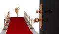 Key house, new home,  Stair and Gold Rope Barrier Concept, Red Event Carpet, 3D Rendering. Royalty Free Stock Photo