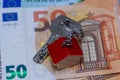Key with house shaped key chain on euro banknotes Royalty Free Stock Photo