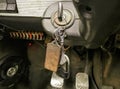 The key is in the ignition. Keys in the car lock. Ignition key in the car. A key is inserted into the lock. lock to Royalty Free Stock Photo