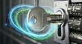 Key inserted into a combination lock with digital binary code swirling around it securely Royalty Free Stock Photo