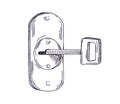 Key inside keyhole, lock, unlocking and opening house door. Outlined etched engraved drawing in retro style. Contoured