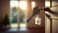 Key with keychain in a house shape in the door keyhole. Buy new home concept. Real estate market, Generative Ai