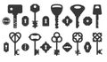 Key and keyhole silhouettes. Hole locks and keys black icons, antique or modern shapes, safety door, vintage and elegant