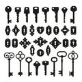 Key and keyhole silhouettes. Old vintage keyholes, antique keys black silhouettes. Door locks, medieval locked elements