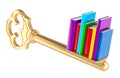 Key of knowledge, concept. Key with books. 3D rendering Royalty Free Stock Photo