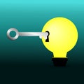 Key, lightbulb and creativity. Key to idea and succes. Lightbulb with Keyhole. Innovation, Successful Idea Symbol.