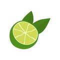 Key lime cutted in half with green leaf. Composition with citrus and leaves. Meethay fruit for healthy diet. Delicious