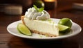 Key lime pie on rustic wooden background with fresh lime slices and whipped cream topping Royalty Free Stock Photo