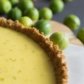 Detailed view of a key lime pie with graham cracker crust and lime zest. Key limes in the background. Royalty Free Stock Photo