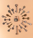 Key pattern. Background from different old keys. view from above. Royalty Free Stock Photo