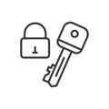 Key and lock, in line design. Key, lock, security, protection, access, mechanism, safety on white background vector. Key