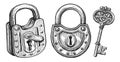 Key and lock, closed padlock set. Hand drawn vintage sketch vector illustration Royalty Free Stock Photo