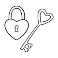 A key and a lock in the shape of a heart. Decorative element for Valentine's Day. A simple outline design object is Royalty Free Stock Photo