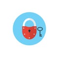 Key And Lock Symbol On Blue Background - Round Color Icon. Security And Privacy Concept.