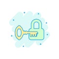 Key with padlock icon in comic style. Access login vector cartoon illustration pictogram. Lock keyhole business concept splash Royalty Free Stock Photo