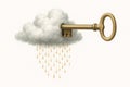 The key passes through a cloud from which a rain of gold falls. Royalty Free Stock Photo