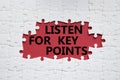 Key points symbol. White puzzle with words Listen for Key points. Beautiful red background. Business and Listen for Key points Royalty Free Stock Photo