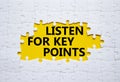 Key points symbol. White puzzle with words Listen for Key points. Beautiful yellow background. Business and Listen for Key points Royalty Free Stock Photo