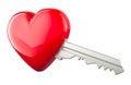 Key with red heart, 3D rendering Royalty Free Stock Photo