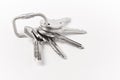 Key ring with keys over white background. Rent Royalty Free Stock Photo