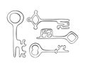 Key set old vintage hand drawn style doodle, outline black silhouette, isolated, white background. Royalty Free Stock Photo