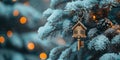 A Key In The Shape Of A House Hangs On A Christmas Tree In A Winter Forest, Copy Space Royalty Free Stock Photo