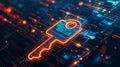 A key is shown in a digital image with a glowing orange hue. Digital security background. Hologram digital security Royalty Free Stock Photo