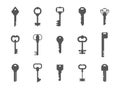 Key silhouettes. Antique and modern graphic template for logo design. House safety concept. Gray latchkey signs set
