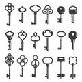 Key silhouettes modern and vintage ornamental icons set. Tools opening, closing locks.