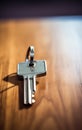 A key is sitting on top of a wooden table, AI Royalty Free Stock Photo