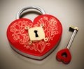 Key standing next to red heart shaped box. 3D illustration Royalty Free Stock Photo