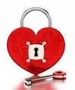 Key standing next to red heart shaped box. 3D illustration Royalty Free Stock Photo